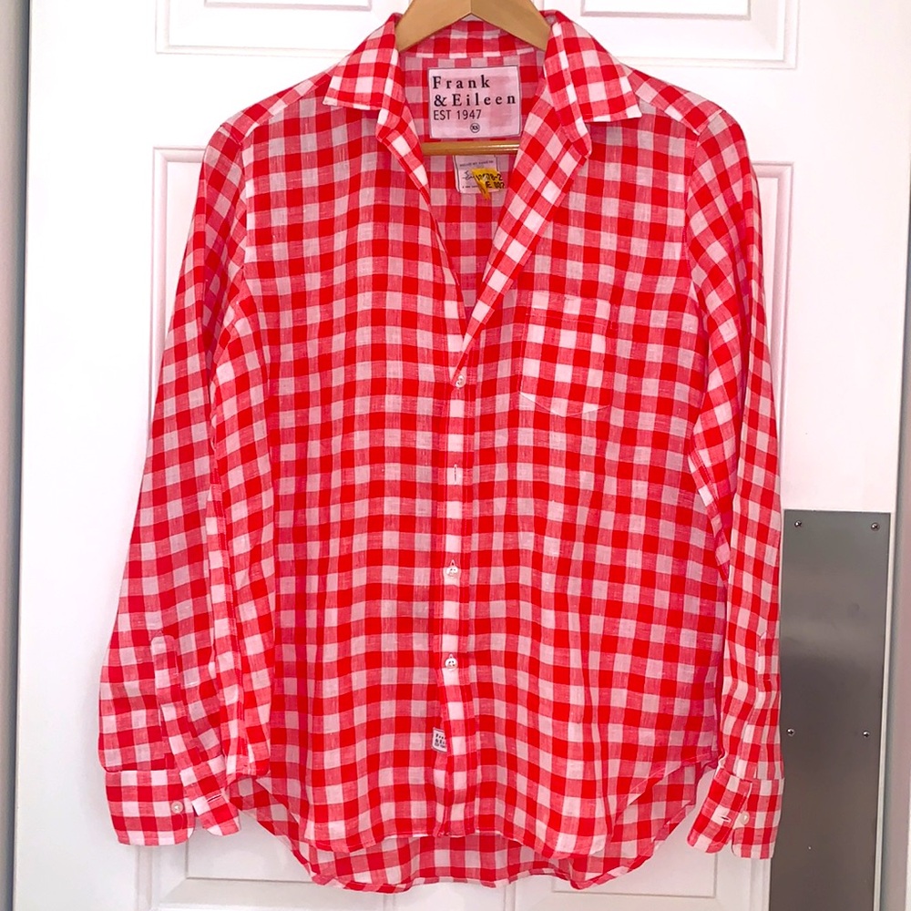 Frank & Eileen Red White Linen Eileen Relaxed Button Up Gingham Womens Size XS